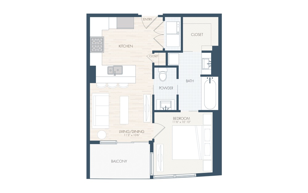 A1 - 1 bedroom floorplan layout with 1 bath and 728 square feet.