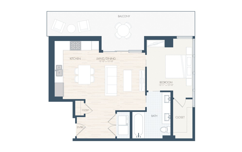 A11 - 1 bedroom floorplan layout with 1 bath and 764 square feet.