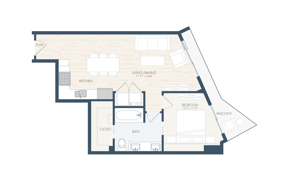 A12 - 1 bedroom floorplan layout with 1 bath and 822 square feet.
