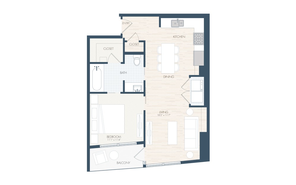 A13 - 1 bedroom floorplan layout with 1 bath and 769 square feet.