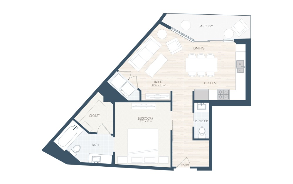 A14 - 1 bedroom floorplan layout with 1.5 bath and 888 square feet.