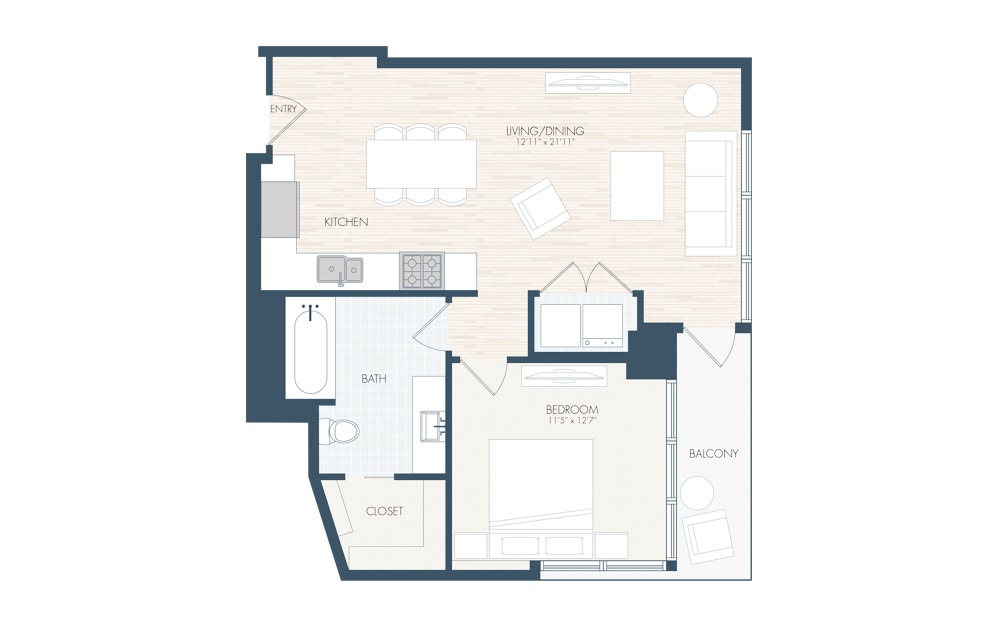 A15 - 1 bedroom floorplan layout with 1 bath and 874 square feet.