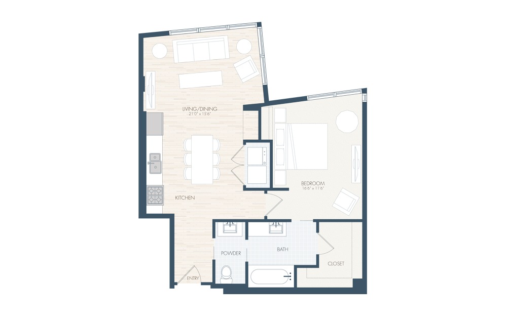 A17 - 1 bedroom floorplan layout with 1 bath and 864 square feet.