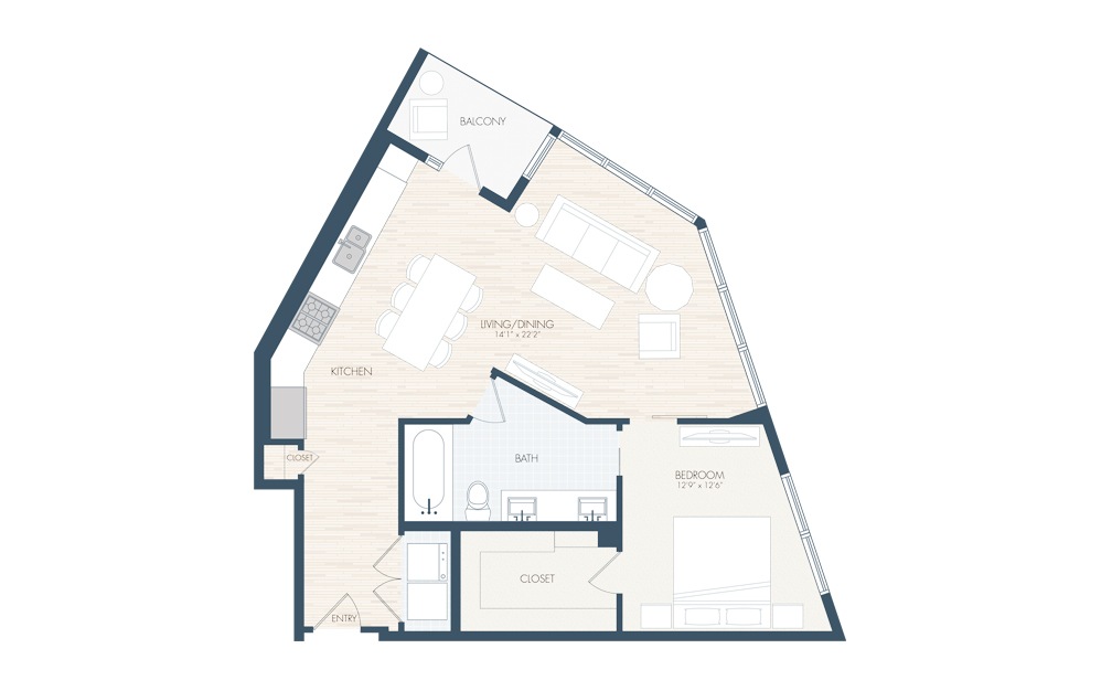 A18 - 1 bedroom floorplan layout with 1 bath and 885 square feet.