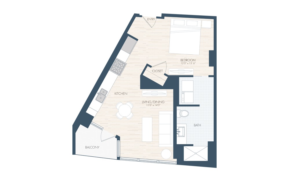 A2 - 1 bedroom floorplan layout with 1 bath and 674 square feet.