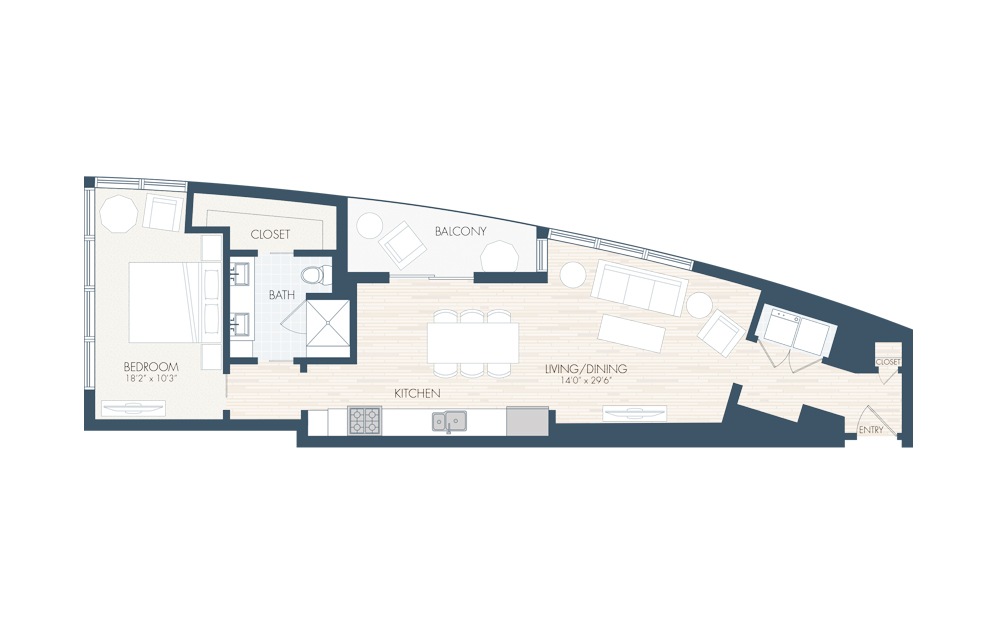 A21 - 1 bedroom floorplan layout with 1 bath and 1001 square feet.