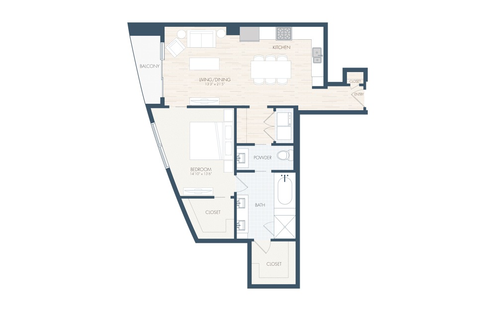 A23 - 1 bedroom floorplan layout with 1 bath and 1047 square feet.