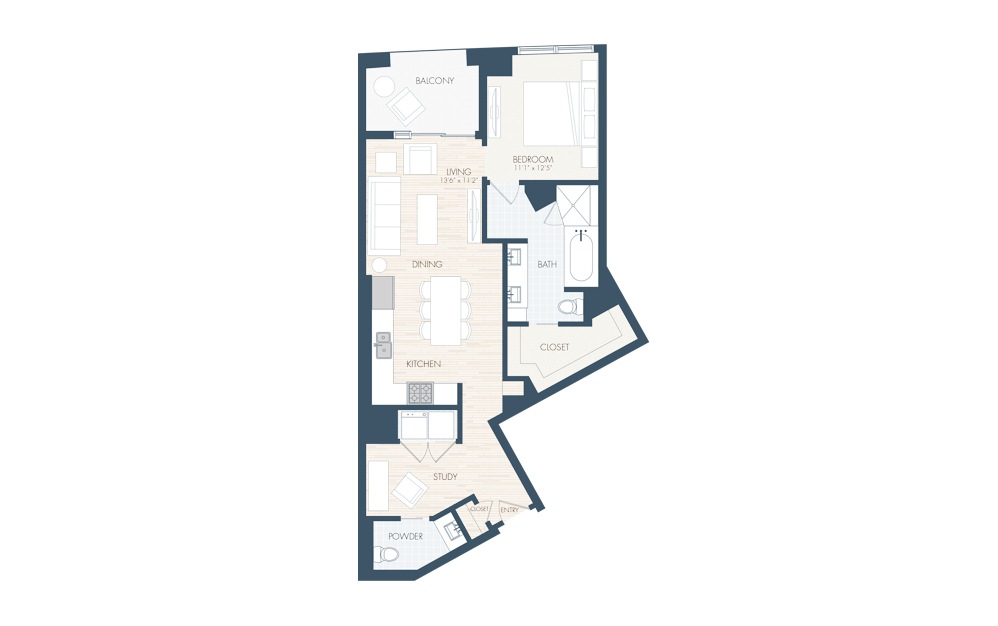 A24 - 1 bedroom floorplan layout with 1.5 bath and 961 square feet.