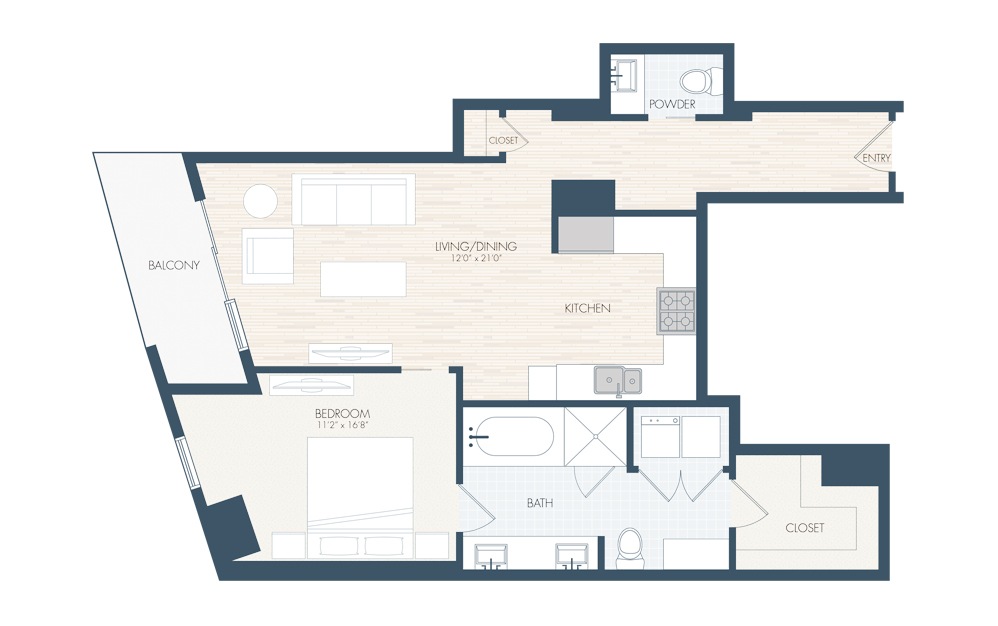 A25 - 1 bedroom floorplan layout with 1.5 bath and 1025 square feet.