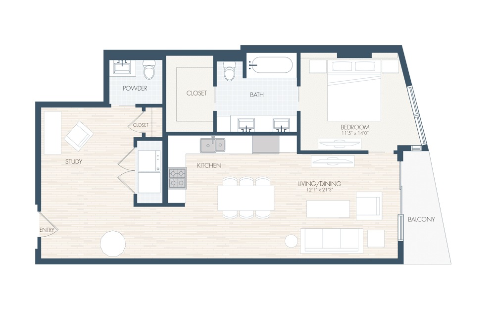 A27 - 1 bedroom floorplan layout with 1.5 bath and 1049 square feet.