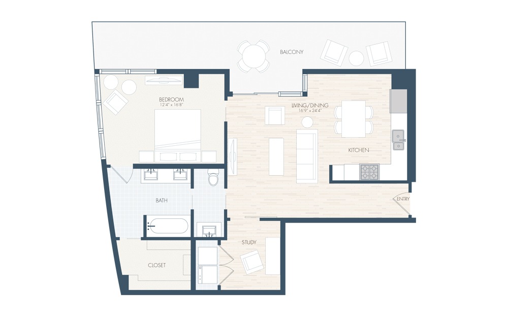 A28 - 1 bedroom floorplan layout with 1 bath and 1376 square feet.