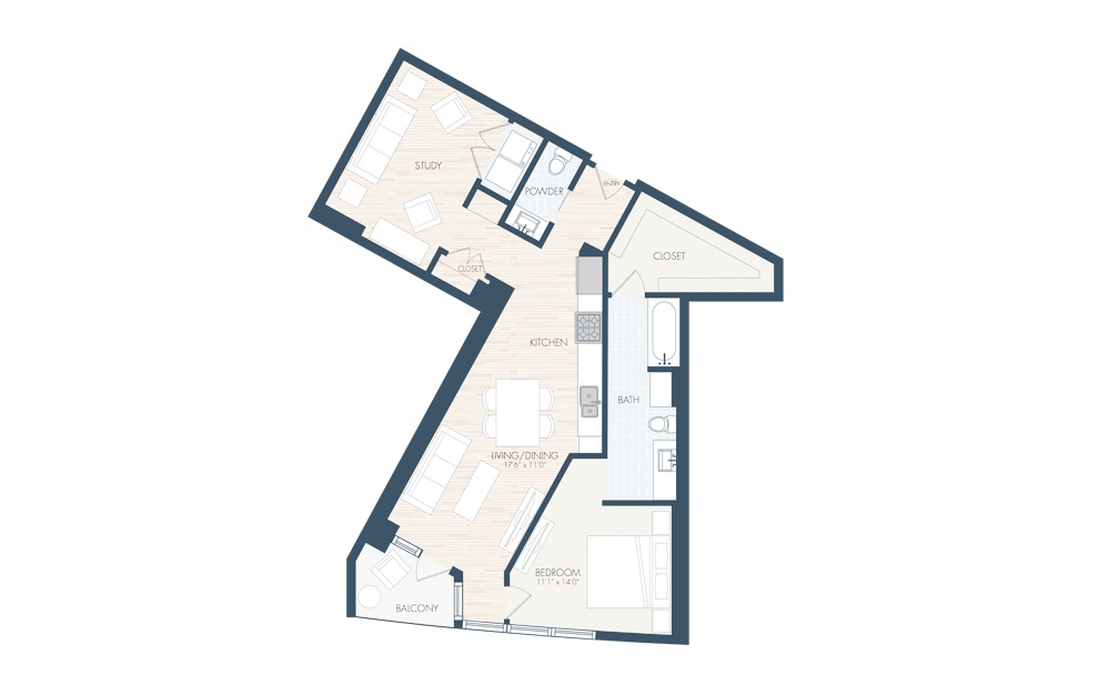 A29 - 1 bedroom floorplan layout with 1.5 bath and 1104 square feet.
