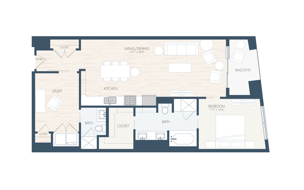 A30 - 1 bedroom floorplan layout with 2 baths and 1154 square feet.