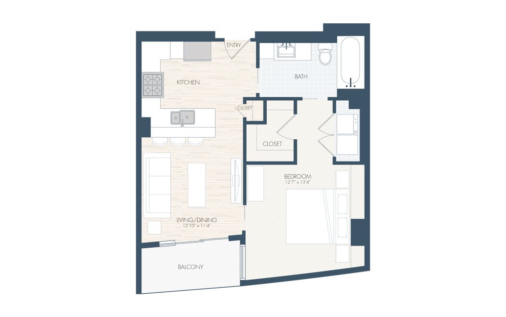 A3 - 1 bedroom floorplan layout with 1 bath and 730 square feet.