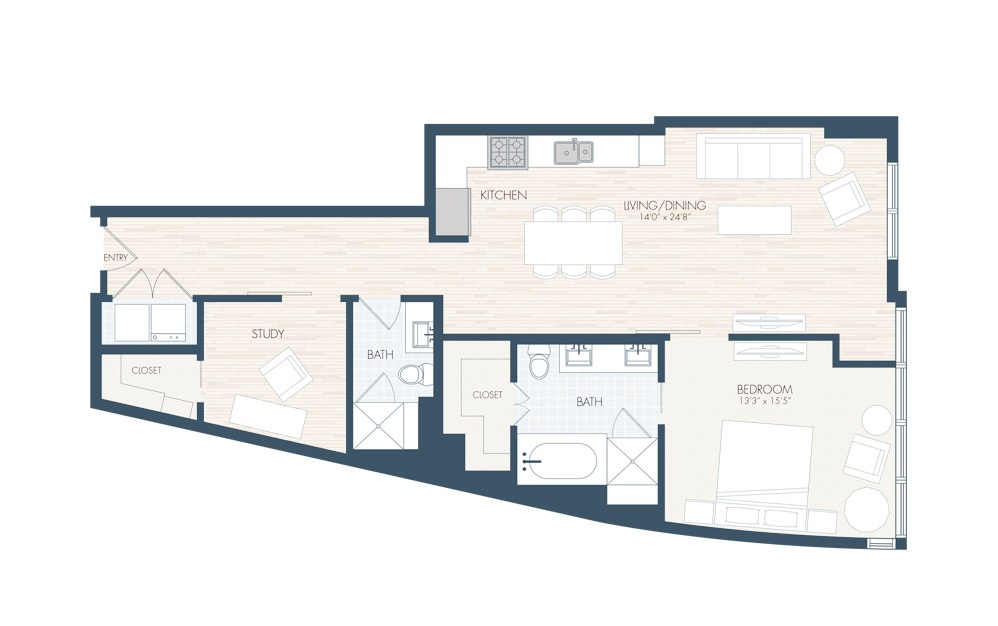 A31 - 1 bedroom floorplan layout with 2 baths and 1218 square feet.