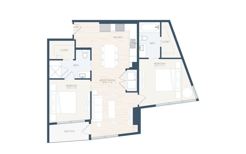 B1 - 2 bedroom floorplan layout with 2 baths and 1148 square feet.