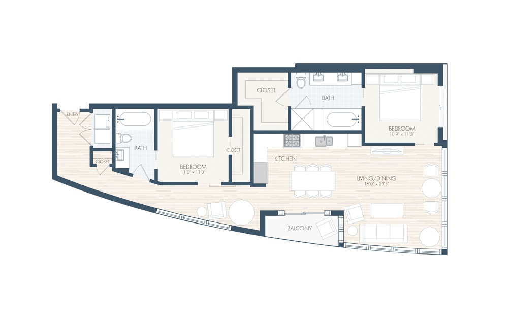 B2 - 2 bedroom floorplan layout with 2 baths and 1321 square feet.