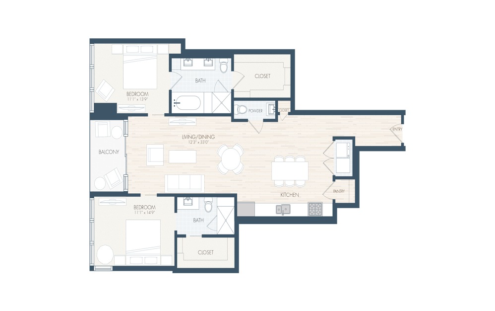B3 - 2 bedroom floorplan layout with 2.5 baths and 1456 square feet.