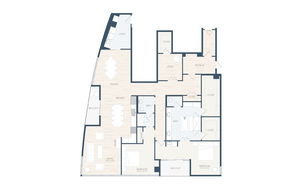 PH3 - 2 bedroom floorplan layout with 2 baths and 2306 square feet.