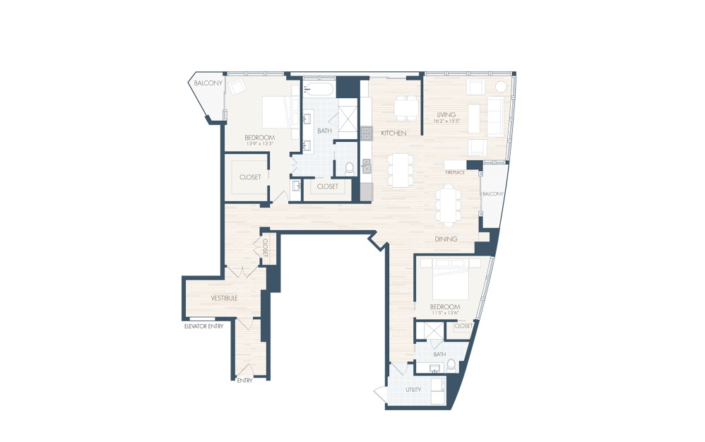 PH5 - 2 bedroom floorplan layout with 2 baths and 2306 square feet.