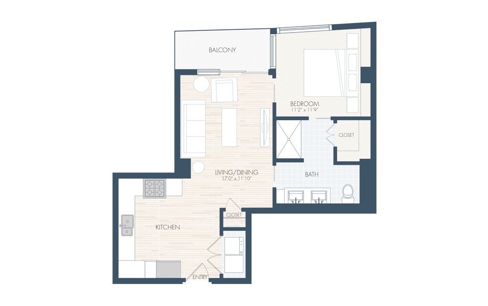 A5 - 1 bedroom floorplan layout with 1 bath and 777 square feet.