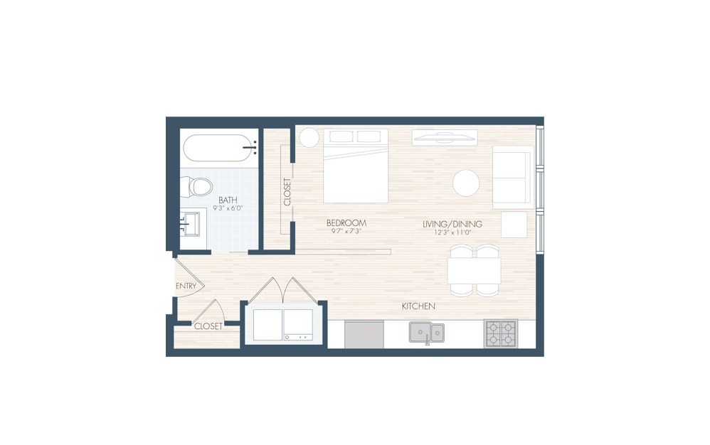 S1 - Studio floorplan layout with 1 bath and 526 square feet.
