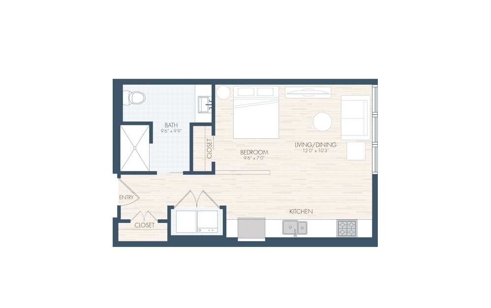 S1-A - Studio floorplan layout with 1 bath and 526 square feet.