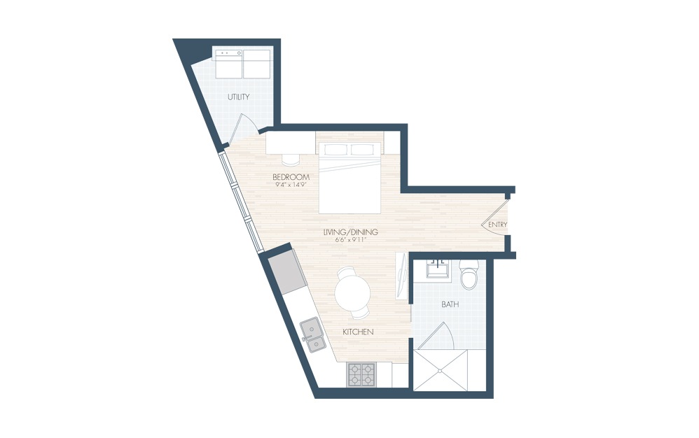 S2 - Studio floorplan layout with 1 bath and 482 square feet.