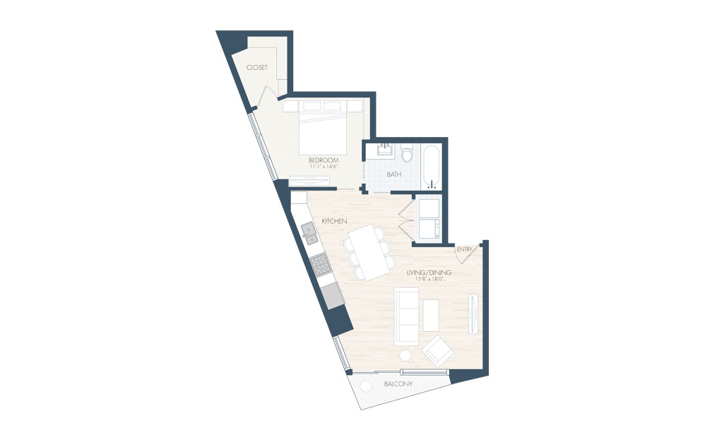 A6 - 1 bedroom floorplan layout with 1 bath and 788 square feet.