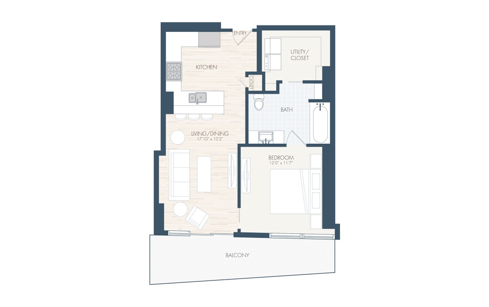 A8 - 1 bedroom floorplan layout with 1 bath and 748 square feet.