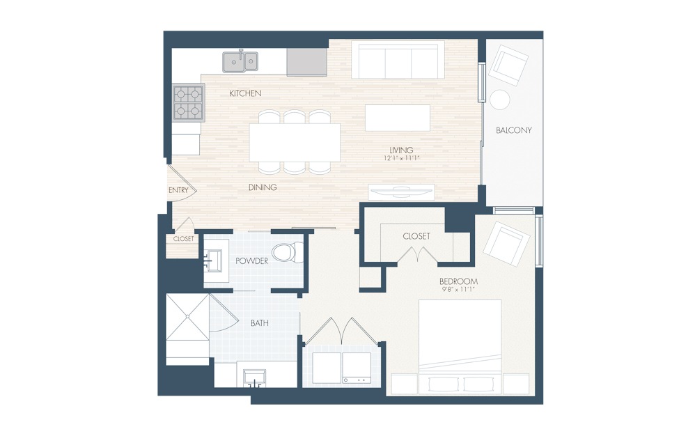 A9 - 1 bedroom floorplan layout with 1 bath and 791 square feet.