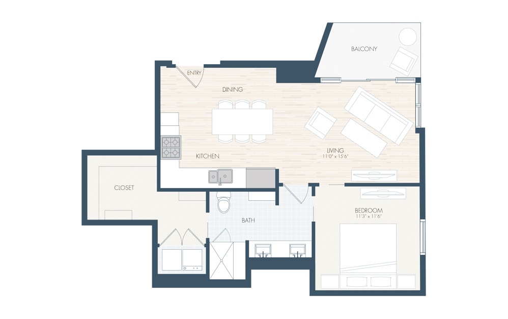 A10 - 1 bedroom floorplan layout with 1 bath and 850 square feet.